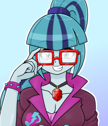 Size: 640x740 | Tagged: safe, artist:batipin, sonata dusk, equestria girls, g4, adjusting glasses, breasts, cleavage, cute, female, gem, glasses, grin, looking at you, simple background, siren gem, smiling, smiling at you, solo, sonatabetes
