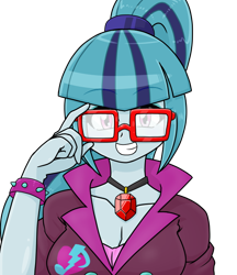 Size: 640x740 | Tagged: safe, alternate version, artist:batipin, part of a set, sonata dusk, equestria girls, g4, breasts, cleavage, cute, female, gem, glasses, grin, looking at you, simple background, siren gem, smiling, smiling at you, solo, sonatabetes, transparent background