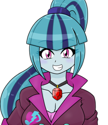 Size: 640x740 | Tagged: safe, alternate version, artist:batipin, part of a set, sonata dusk, equestria girls, g4, breasts, busty sonata dusk, cleavage, cute, disguise, disguised siren, female, gem, grin, looking at you, simple background, siren gem, smiling, smiling at you, solo, sonatabetes, transparent background