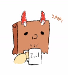 Size: 1152x1266 | Tagged: safe, artist:bubbletea, oc, oc:paper bag, earth pony, pony, earth pony oc, evil, fake horns, mug, simple background, white background