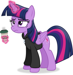 Size: 3846x3931 | Tagged: safe, artist:anime-equestria, twilight sparkle, alicorn, pony, g4, annoyed, bags under eyes, clothes, coffee, coffee cup, cup, female, high res, hoodie, horn, levitation, magic, mare, simple background, solo, starbucks, telekinesis, tired, transparent background, twilight sparkle (alicorn), vector, wings
