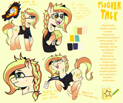 Size: 671x560 | Tagged: safe, artist:porcelanowyokular, oc, oc only, earth pony, pony, :d, braid, bust, clothes, earth pony oc, female, glasses, mare, open mouth, open smile, polish, reference sheet, smiling, solo