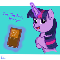 Size: 2400x2400 | Tagged: safe, artist:habiepon3, twilight sparkle, pony, unicorn, g4, book, bust, cute, dialogue, female, glowing, glowing horn, high res, horn, looking at you, magic, mare, math, open mouth, simple background, smiling, solo, telekinesis, twiabetes, unicorn twilight