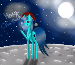 Size: 4000x3500 | Tagged: safe, artist:maneblue, oc, oc only, pony, unicorn, christmas, female, full moon, grin, holiday, horn, mare, merry christmas, moon, night, outdoors, paw prints, raised hoof, smiling, solo, stars, unicorn oc