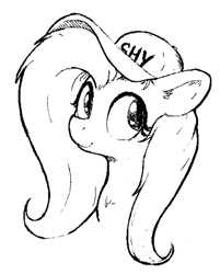 Size: 499x620 | Tagged: safe, artist:whiskeypanda, fluttershy, pegasus, pony, g4, baseball cap, bust, cap, clothes, cute, doodle, female, grayscale, hat, mare, monochrome, shyabetes, simple background, sketch, solo, white background