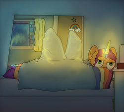 Size: 1280x1152 | Tagged: safe, artist:milzyywilzyy, sunny starscout, alicorn, pony, g5, my little pony: a new generation, alicornified, annoyed, artificial horn, artificial wings, augmented, bed, bedroom, female, glowing, glowing horn, glowing wings, horn, magic, magic horn, magic wings, mare, race swap, solo, spread wings, sunny starscout is not amused, sunny starscout's bedroom, sunnycorn, unamused, wingboner, wings
