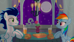 Size: 1280x720 | Tagged: safe, artist:mlplary6, rainbow dash, soarin', pegasus, pony, g4, bedroom eyes, boyfriend and girlfriend, burger, candle, candlelight, dinner, female, flower, food, french fries, hay burger, hay fries, male, moon, romantic, ship:soarindash, shipping, smiling, straight