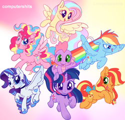 Size: 2499x2413 | Tagged: safe, artist:cutiesparke, applejack, fluttershy, pinkie pie, rainbow dash, rarity, spike, twilight sparkle, alicorn, dragon, pegasus, unicorn, alicornified, alternate design, alternate universe, baby, baby dragon, barb, bow, chest fluff, choker, colored wings, coloring page, dragoness, ear piercing, female, gradient hooves, gradient wings, group, hoof fluff, hoof shoes, horn, horn jewelry, jewelry, mane seven, mane six, multicolored hair, one eye closed, pegasus pinkie pie, piercing, race swap, raised hoof, raised hooves, raricorn, redesign, redraw, regalia, rule 63, simple background, spiketta, tail, tail bow, unicorn twilight, watermark, waving, wings, wink