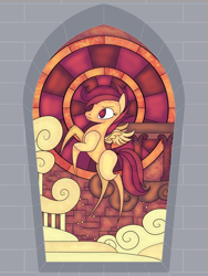 Size: 2400x3200 | Tagged: safe, artist:sixes&sevens, scootaloo, pegasus, pony, fanfic:the legion of bronze, g4, circuit board, cloud, fanfic, fanfic art, fanfic cover, female, high res, roman, solo, stained glass