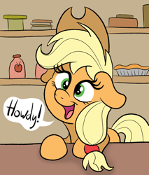 Size: 770x905 | Tagged: safe, artist:doodledonutart, applejack, earth pony, pony, g4, cute, dialogue, eyelashes, female, floppy ears, green eyes, howdies in the comments, howdy, jackabetes, mare, solo, speech bubble, text