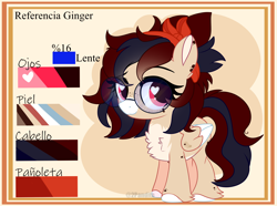 Size: 3480x2584 | Tagged: safe, artist:2pandita, oc, oc only, oc:ginger, pegasus, pony, chest fluff, colored hooves, colored wings, eyelashes, female, filly, foal, folded wings, glasses, high res, hoof fluff, pegasus oc, reference sheet, signature, solo, standing, tail, two toned mane, two toned tail, two toned wings, wings