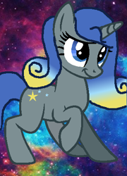 Size: 324x449 | Tagged: safe, artist:rosienature123, oc, oc only, oc:galaxy swirl, pony, unicorn, :t, blue eyes, female, gradient mane, hooves, horn, looking up, mare, parent:star swirl the bearded, raised hoof, smiling, solo, standing, starswirl's book, unicorn oc, wallpaper