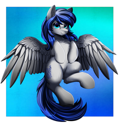 Size: 3213x3337 | Tagged: safe, artist:pridark, oc, oc only, pegasus, pony, abstract background, blue eyes, chest fluff, commission, flying, full body, happy, high res, hooves, pegasus oc, smiling, solo, tail, wing fluff, wings