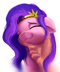 Size: 684x815 | Tagged: safe, artist:itssim, part of a set, pipp petals, human, pegasus, pony, g5, my little pony: a new generation, :3, adorapipp, behaving like a cat, blushing, cute, cuteness overload, daaaaaaaaaaaw, eyes closed, female, finger, floppy ears, hand, happy, human on pony petting, human pov, itssim is trying to murder us, jewelry, mane, mare, offscreen character, petting, pov, simple background, smiling, sweet dreams fuel, weapons-grade cute, white background, wholesome