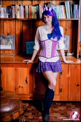 Size: 1068x1600 | Tagged: safe, artist:cosplaydeviants, twilight sparkle, human, g4, black stockings, bookshelf, clothes, cosplay, costume, irl, irl human, photo, shoes, skirt, socks, solo, thigh highs