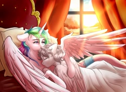 Size: 2200x1600 | Tagged: safe, artist:gloomydinosaur, princess celestia, oc, oc:light knight, alicorn, pegasus, pony, g4, bed, canon x oc, dawn, duo, female, hug, lightestia, male, misleading thumbnail, momlestia, momlestia fuel, pegasus oc, room, sleeping, sleeping together, straight, sunshine