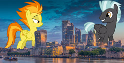Size: 3550x1800 | Tagged: safe, artist:chainchomp2 edits, artist:dashiesparkle, artist:theotterpony, spitfire, thunderlane, pegasus, pony, g4, bedroom eyes, city, female, firelane, folded wings, giant pony, giantess, grin, high res, highrise ponies, irl, lidded eyes, london, looking back, macro, male, mare, photo, ponies in real life, shipping, smiling, stallion, straight, united kingdom, wings