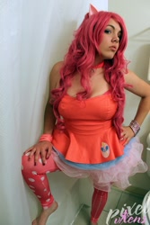 Size: 853x1280 | Tagged: safe, artist:pixelvixens, artist:thetastycupcake, pinkie pie, human, g4, bare shoulders, clothes, cosplay, costume, cutie mark on clothes, hand on hip, irl, irl human, photo, sleeveless, solo
