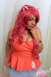 Size: 853x1280 | Tagged: safe, artist:pixelvixens, artist:thetastycupcake, pinkie pie, human, g4, bare shoulders, bracelet, clothes, cosplay, costume, cutie mark on clothes, irl, irl human, jewelry, photo, sleeveless, solo