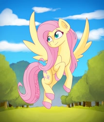 Size: 1500x1750 | Tagged: safe, artist:jaycartist, fluttershy, pegasus, pony, g4, cloud, colored hooves, cute, ear fluff, female, flying, full body, grass, hooves, mare, outdoors, pink mane, pink tail, shyabetes, signature, sky, smiling, solo, spread wings, tail, tree, unshorn fetlocks, wings