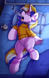 Size: 1600x2500 | Tagged: safe, artist:shadowreindeer, oc, oc only, oc:marshmallow magic, pony, unicorn, alarm clock, bed, clock, clothes, commission, eyes closed, featureless crotch, high res, hooves, horn, lying down, male, multicolored mane, multicolored tail, on back, on bed, onomatopoeia, open mouth, pillow, sleeping, snoring, solo, sound effects, tail, underhoof, unicorn oc, ych result, zzz