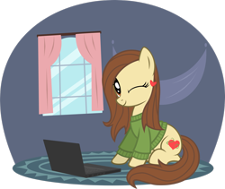 Size: 2667x2249 | Tagged: safe, artist:etonyoc, oc, oc:autumn leaf, earth pony, pony, computer, earth pony oc, female, high res, laptop computer, looking at you, mare, one eye closed, sitting, solo, window, wink, winking at you