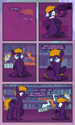 Size: 1920x3169 | Tagged: safe, artist:alexdti, oc, oc only, oc:aqua lux, oc:dark purple, oc:purple creativity, oc:warm focus, pegasus, pony, comic:quest for friendship, blue eyes, comic, dialogue, ears back, eye contact, featureless crotch, female, folded wings, frown, glasses, gritted teeth, halo, high res, hoof on chest, hooves, looking at each other, looking at someone, looking back, looking down, looking up, male, mare, one eye closed, open mouth, open smile, pegasus oc, r63 paradox, raised hoof, self paradox, self ponidox, shadow, shoulder angel, shoulder devil, shrunken pupils, sitting, smiling, speech bubble, spread wings, stallion, standing, wall of tags, wings, yelling