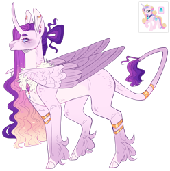 Size: 1920x1933 | Tagged: safe, artist:sleepy-nova, oc, alicorn, pony, blank flank, blue eyes, cloven hooves, coat markings, colored wings, curved horn, ear piercing, earring, female, folded wings, horn, jewelry, large wings, leonine tail, mare, neck fluff, piercing, pink coat, purple mane, simple background, socks (coat markings), solo, standing, tail, transparent background, wings