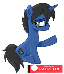 Size: 895x1034 | Tagged: safe, artist:pure-blue-heart, oc, oc only, oc:digital wrench, pony, unicorn, black mane, black tail, disappointed, frown, full body, glasses, green eyes, horn, male, patreon, patreon reward, raised hoof, shading, simple background, sitting, solo, stallion, tail, transparent background, unicorn oc, watermark