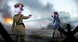 Size: 2500x1364 | Tagged: safe, artist:mrscroup, oc, oc only, oc:galaxy rose, unicorn, anthro, barbed wire, battlefield, clothes, commission, cyrillic, female, fire, gun, handgun, hat, looking at each other, looking at someone, military uniform, pistol, russian, standing, standoff, t-34, t-34/85, tank (vehicle), uniform, world war ii