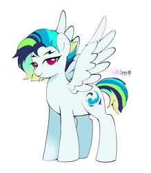 Size: 1656x1891 | Tagged: safe, artist:riukime, oc, oc only, pegasus, pony, full body, hooves, multicolored mane, multicolored tail, offspring, parent:rainbow dash, parent:soarin', parents:soarindash, pegasus oc, signature, simple background, smiling, solo, spread wings, standing, tail, white background, wings