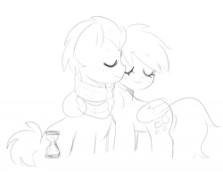 Size: 1860x1492 | Tagged: safe, artist:arwencuack, derpy hooves, doctor whooves, time turner, earth pony, pegasus, pony, g4, clothes, cute, derpabetes, duo, eyes closed, female, hug, love, male, monochrome, romance, romantic, scarf, ship:doctorderpy, shipping, simple background, sketch, straight, white background, wip