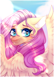 Size: 2760x3920 | Tagged: safe, artist:honeybbear, fluttershy, pegasus, pony, g4, eye clipping through hair, eyebrows, eyebrows visible through hair, female, grin, high res, looking at you, mare, smiling, smiling at you, solo, spread wings, wings