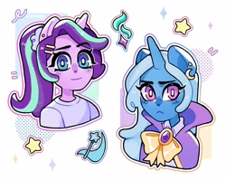 Size: 2048x1632 | Tagged: safe, artist:ponscrossing, starlight glimmer, trixie, unicorn, anthro, g4, cape, clothes, duo, duo female, ear piercing, eyelashes, female, hairclip, horn, looking at you, piercing, ribbon, shirt, smiling, stars, t-shirt, trixie's cape