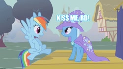 Size: 1280x720 | Tagged: safe, edit, edited screencap, screencap, rainbow dash, trixie, pegasus, pony, unicorn, boast busters, g4, duo, duo female, female, implied kissing, implied lesbian, implied shipping, implied trixdash, mare, open mouth, ponyville