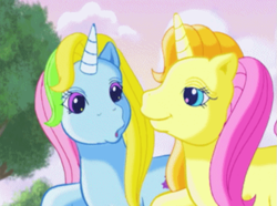 Size: 615x458 | Tagged: safe, screencap, brights brightly, whistle wishes, pony, unicorn, g3, the runaway rainbow, :o, adorabrights, cute, dexterous hooves, duo, error, faic, female, g3 whistlebetes, lidded eyes, mare, multicolored hair, multicolored mane, o, o mouth, open mouth, outdoors, smiling, talking, tree, unicornia