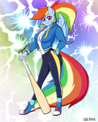 Size: 1080x1350 | Tagged: safe, artist:dymblefish, rainbow dash, pegasus, anthro, g4, baseball bat, clothes, equestria girls outfit, eyebrows, eyebrows visible through hair, female, hand on hip, hoodie, leggings, looking at you, ponytail, smiling, smiling at you, solo