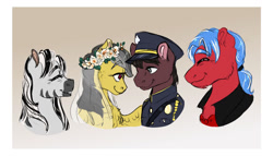 Size: 1024x587 | Tagged: safe, artist:miyalaflordorada, daring do, oc, oc:bobby baseline, oc:phillip finder, oc:rain rhythm, earth pony, pegasus, pony, zebra, fanfic:ponyville noire, g4, clothes, dress, father and child, father and son, female, floral head wreath, flower, interspecies offspring, looking at each other, looking at someone, looking into each others eyes, male, mother and child, mother and son, offspring, phiring, police uniform, shipping, smiling, wedding dress