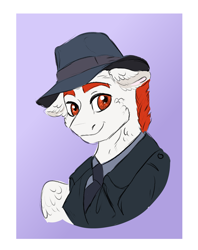 Size: 1000x1260 | Tagged: safe, artist:miyalaflordorada, oc, oc:flame strider, pegasus, pony, fanfic:ponyville noire, clothes, fedora, floppy ears, hat, looking at you, male, smiling, suit