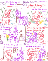 Size: 4779x6013 | Tagged: safe, artist:adorkabletwilightandfriends, spike, twilight sparkle, oc, oc:lawrence, alicorn, dragon, earth pony, pony, comic:adorkable twilight and friends, g4, adorkable, adorkable twilight, bold and brash, comic, cute, date, door, dork, female, flower, food, friendship, glasses, glowing, glowing horn, happy, holding, horn, horse puns, house, kindness, lamp, levitation, love, m'lady, magic, magic aura, male, mare, open door, painting, popcorn, puddle, pun, relationship, relationships, sitting, slice of life, spongebob squarepants, squidward tentacles, stallion, telekinesis, tree, twilight sparkle (alicorn), wings