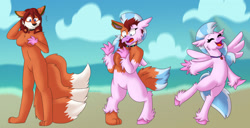 Size: 1280x657 | Tagged: safe, artist:detectivecoon, silverstream, hippogriff, anthro, g4, beach, breasts, cute, furry, multiple tails, tail, transformation, transformation sequence