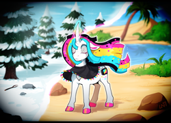 Size: 875x630 | Tagged: safe, artist:lastnight-light, oc, oc only, oc:telly vision, pony, unicorn, desert, female, illusion, mare, oasis, palm tree, pond, rock, snow, snowfall, solo, tree, water, winter