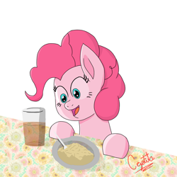 Size: 1280x1280 | Tagged: safe, artist:cjv2004, pinkie pie, earth pony, pony, g4, chocolate, food, reviro, solo, table