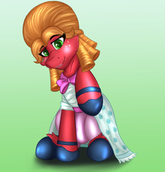 Size: 4612x4810 | Tagged: safe, artist:flapstune, big macintosh, earth pony, pony, g4, bloomers, clothes, crossdressing, dress, looking at you, male, orchard blossom, simple background, sitting, smiling, smiling at you, solo, stallion
