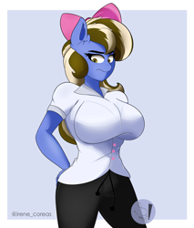 Size: 2220x2600 | Tagged: safe, artist:diamondgreenanimat0, oc, oc only, oc:sundae shake, earth pony, anthro, 2022, anthro oc, big breasts, bow, breasts, brown eyes, brown hair, busty oc, clothes, earth pony oc, eyebrows, eyebrows visible through hair, female, frown, hair bow, half body, hand on hip, high res, solo, tight clothing, uncomfortable