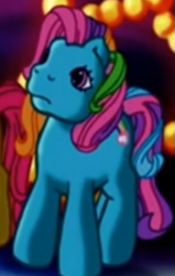 Size: 331x519 | Tagged: safe, screencap, apple spice, rainbow dash (g3), earth pony, pony, a very minty christmas, g3, christmas, christmas tree, cropped, cute, female, frown, g3 dashabetes, holiday, mare, night, offscreen character, rainbow dash is not amused, solo focus, tree, unamused