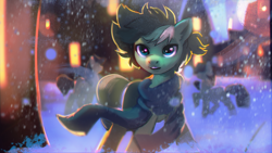 Size: 1920x1080 | Tagged: safe, artist:hierozaki, oc, oc only, oc:mint spring, pony, clothes, scarf, snow, snowfall, solo focus