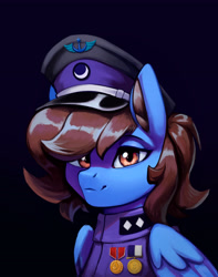 Size: 3200x4051 | Tagged: safe, artist:mrscroup, oc, oc only, pegasus, pony, bust, clothes, hat, medal, military uniform, peaked cap, solo, uniform