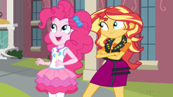 Size: 2000x1125 | Tagged: safe, artist:bigpurplemuppet99, pinkie pie, sunset shimmer, equestria girls, g4, clothes, cutie mark on clothes, duo, female, lesbian, ship:sunsetpie, shipping, skirt