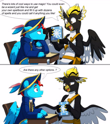 Size: 4359x4900 | Tagged: safe, artist:chub-wub, oc, oc:ping wing, oc:swiftwing, hippogriff, pegasus, /mlptg/ the bannermanes, book, dialogue, excited, horn, multiple horns, rude, tricorn, wizard